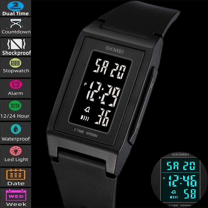Skmei Unisex นาฬิกาดิจิตอลกันน้ําพร้อมนาฬิกาปลุกแฟชั่นสายรัด TPU ไฟ LED กันกระแทกกีฬา Dual Time