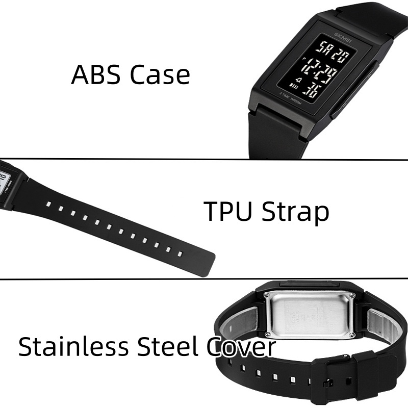 Skmei Unisex นาฬิกาดิจิตอลกันน้ําพร้อมนาฬิกาปลุกแฟชั่นสายรัด TPU ไฟ LED กันกระแทกกีฬา Dual Time