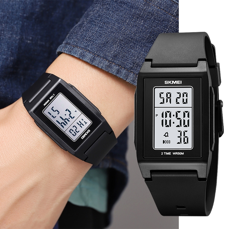 Skmei Unisex นาฬิกาดิจิตอลกันน้ําพร้อมนาฬิกาปลุกแฟชั่นสายรัด TPU ไฟ LED กันกระแทกกีฬา Dual Time