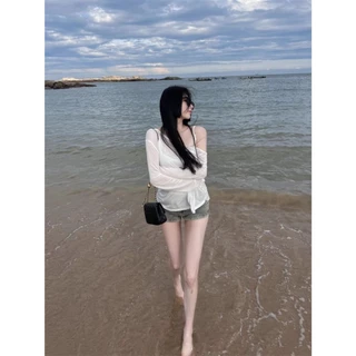GAVELLAพร้อมส่ง เสื้อยืดแขนยาวสีขาวโอเวอร์ไซส์ oversized เสื้อไปทะเล ชุดป้องกันแสงแดดของผู้หญิงเกาหลี แฟชั่น