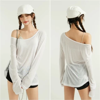 GAVELLAพร้อมส่ง เสื้อยืดแขนยาวสีขาวโอเวอร์ไซส์ oversized เสื้อไปทะเล ชุดป้องกันแสงแดดของผู้หญิงเกาหลี แฟชั่น