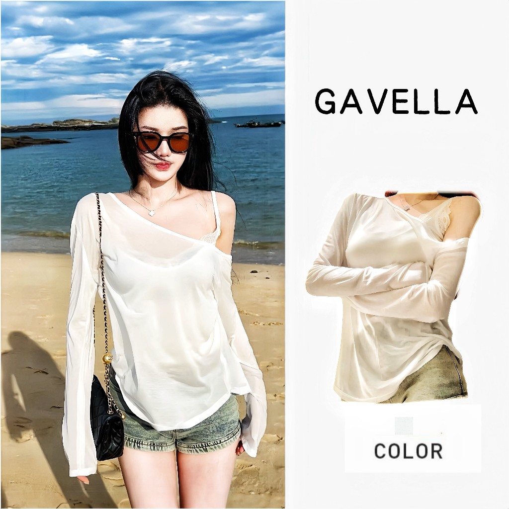 GAVELLAพร้อมส่ง เสื้อยืดแขนยาวสีขาวโอเวอร์ไซส์ oversized เสื้อไปทะเล ชุดป้องกันแสงแดดของผู้หญิงเกาหลี  แฟชั่น