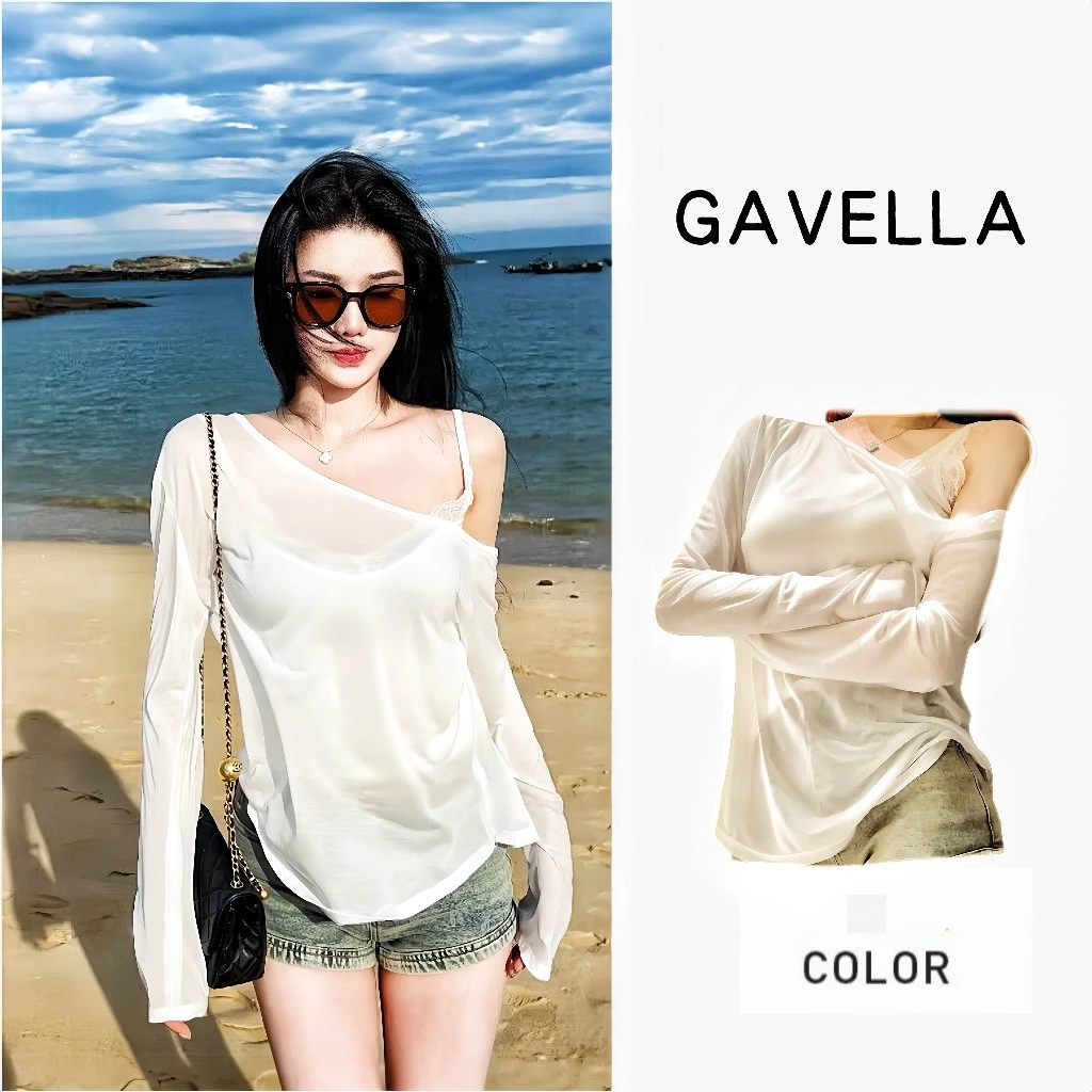 GAVELLAพร้อมส่ง เสื้อยืดแขนยาวสีขาวโอเวอร์ไซส์ oversized เสื้อไปทะเล ชุดป้องกันแสงแดดของผู้หญิงเกาหลี แฟชั่น