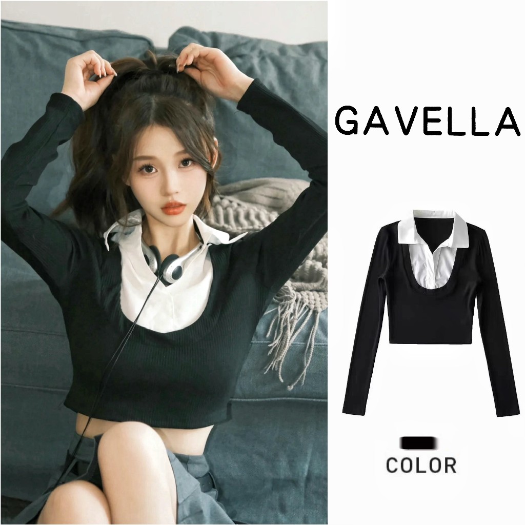 GAVELLA เสื้อแฟชั่นผู้หญิง เสื้อครอปดีไซน์เก๋ เสื้อไหมพรมแขนยาว คอปก เย็บติดกัน สไตล์เกาหลี ใส่คู่เสื้อกล้าม ดีเทลคอปก