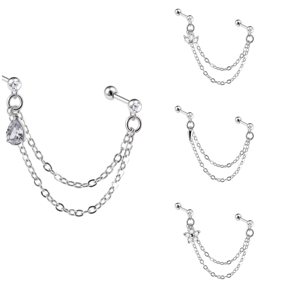 ต่างหูรูหูคู่หัวใจพีชดอกไม้หูโซ่ร่างกายเจาะเครื่องประดับ