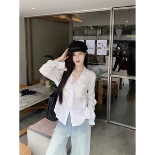 GAVELLA เสื้อเชิ้ตผู้หญิง กาเวลล่า สีขาว สไตล์ลําลอง ลูกไม้ เสื้อเชิ้ตแขนยาวทรงหลวม
