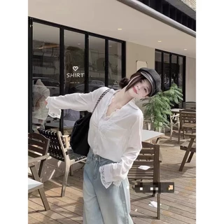 GAVELLA เสื้อเชิ้ตผู้หญิง กาเวลล่า สีขาว สไตล์ลําลอง ลูกไม้ เสื้อเชิ้ตแขนยาวทรงหลวม