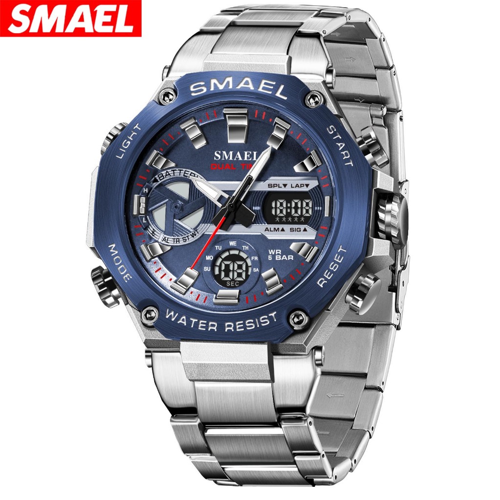Smael หรูหราสแตนเลสสตีลนาฬิกาสําหรับชาย 8097 ยี่ห้อ Dual Display LED อิเล็กทรอนิกส์นาฬิกาข้อมือดิจิตอลกันน้ํากีฬานาฬิกาสําหรับ Man