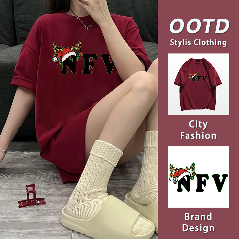 มาใหม่ เสื้อยืดคริสต์มาส ลายสกรีนตัวอักษร ขนาดใหญ่หลวม คอกลม 100% Cotton T-shirtYG387