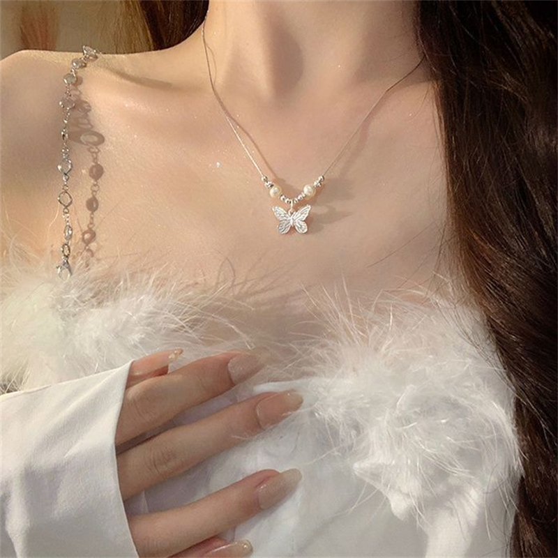 จูชิ ผีเสื้อมุกเงินบดจี้ลูกปัดสร้อยคอแฟชั่นวันหยุดของขวัญอุปกรณ์เสริม