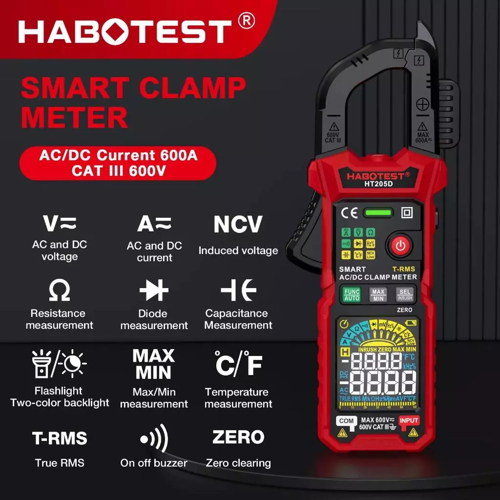 Habotest HT205 NVC แคลมป์มิเตอร์ 600A True RMS AC/DC Current Amp 10MHZ Meter