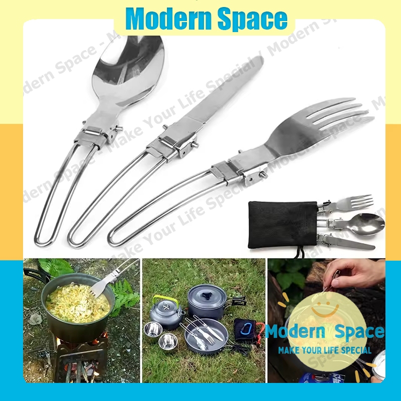 【สินค้าพร้อมส่ง】ช้อนพับได้พกพา ช้อนส้อมสแตนเลส ช้อนส้อมสนาม ใช้พกพา แคมป์ปิ้ง ปิกนิก พับเก็บง่าย