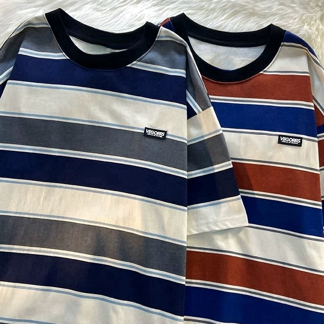 ProMan-เสื้อยืดลายทางวินเทจสไตล์อเมริกัน  แขนสั้นคู่รัก  แบบหลวม ยอดนิยม  แมทช์ลุคง่าย