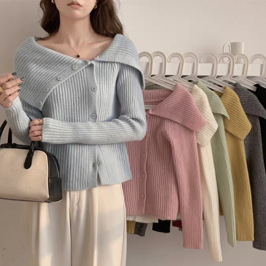 5 สี เสื้อสเวตเตอร์คอปกเชิ้ตทรงเข้ารูป สำหรับผู้หญิง เสื้อคาร์ดิแกนถักทรงคอปกตั้งแบบไม่สม่ำเสมอสไตล์ฝรั่งเศส