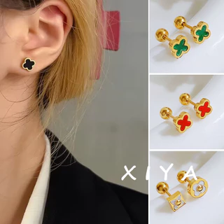 XIYA 316L ต่างหูไทเทเนียม เหล็ก ประดับลูกปัดมุก รูปตัวอักษร ใบโคลเวอร์สี่แฉก