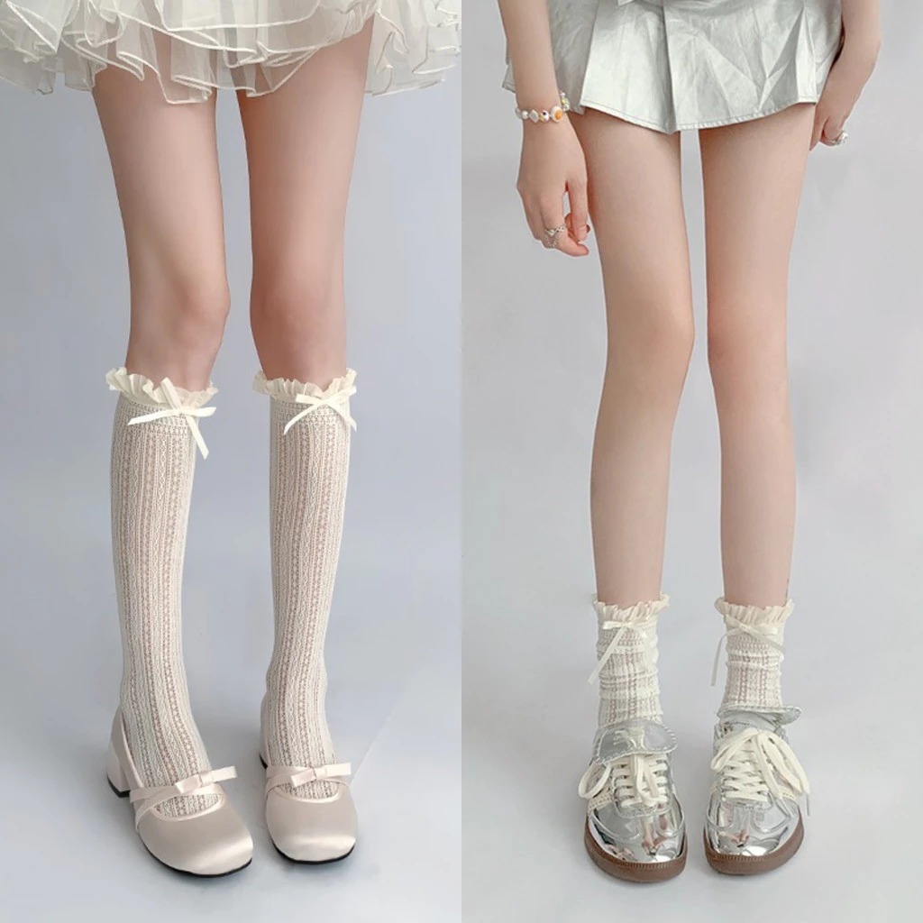 Candy สไตล์ญี่ปุ่นสาวหวานถุงเท้ายาวถุงน่อง JK Lolita Bowknot Ruffles เข่าถุงเท้าผู้หญิง Hollow Out ตาข่าย Fishnet ถุงน่อง