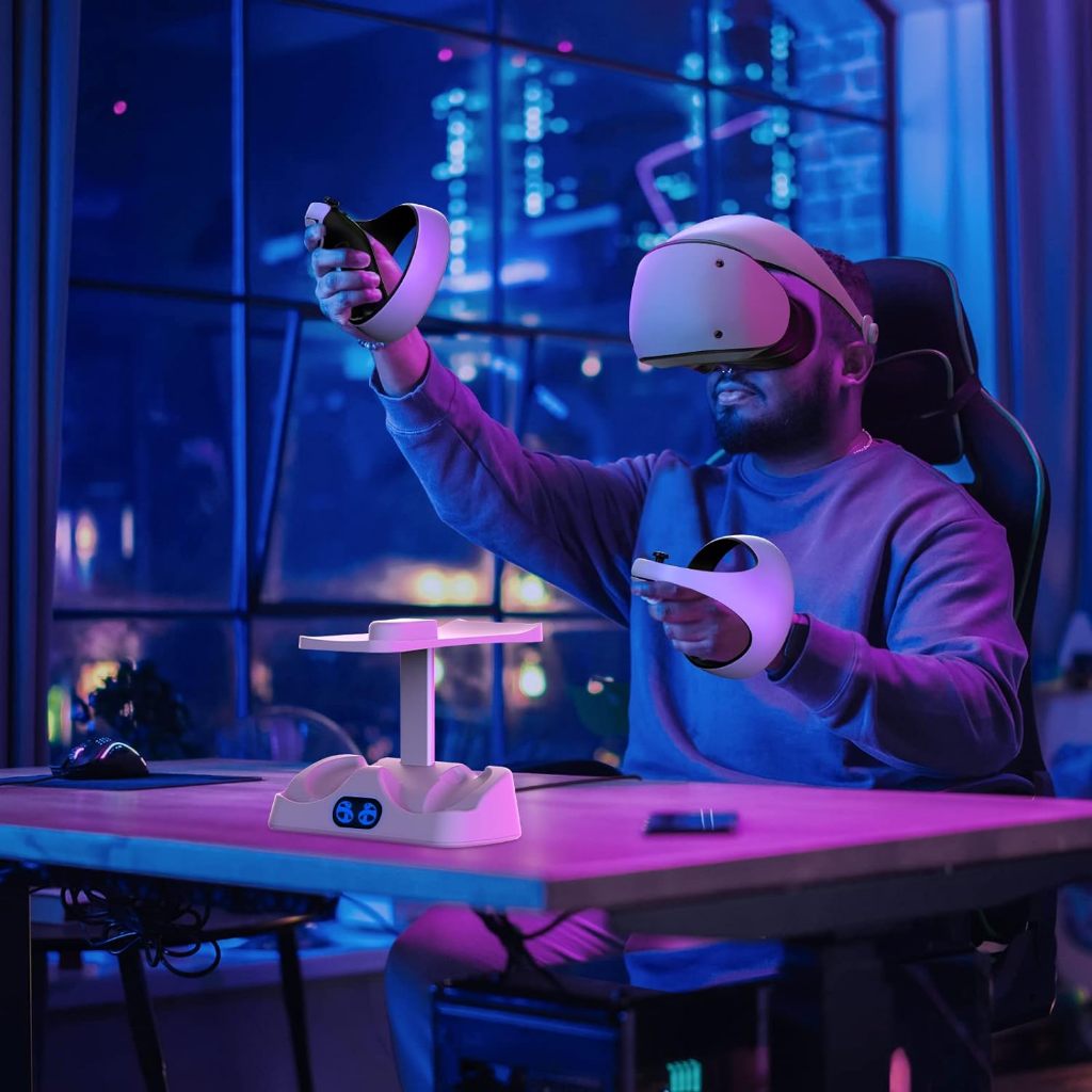 DOBE แท่นชาร์จ พร้อมหัวดูดแม่เหล็กสําหรับ PS VR2, สถานีชาร์จเร็วคู่พร้อมไฟ LED, ขาตั้งจอแสดงผลหูฟังและขาตั้งควบคุม, ขั้วต่อแม่เหล็ก