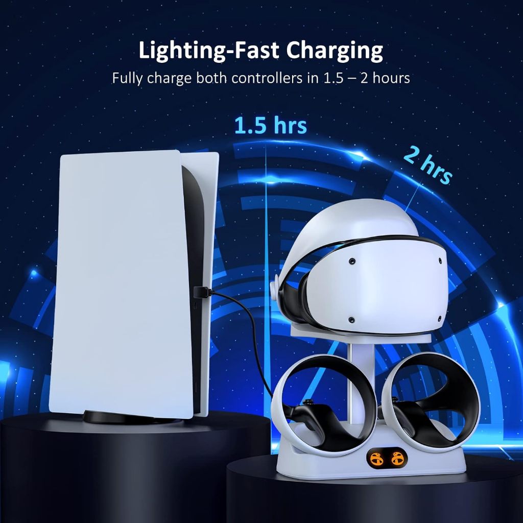 DOBE แท่นชาร์จ พร้อมหัวดูดแม่เหล็กสําหรับ PS VR2, สถานีชาร์จเร็วคู่พร้อมไฟ LED, ขาตั้งจอแสดงผลหูฟังและขาตั้งควบคุม, ขั้วต่อแม่เหล็ก