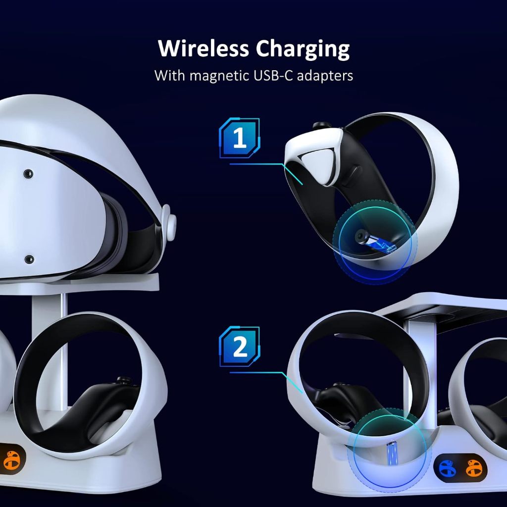 DOBE แท่นชาร์จ พร้อมหัวดูดแม่เหล็กสําหรับ PS VR2, สถานีชาร์จเร็วคู่พร้อมไฟ LED, ขาตั้งจอแสดงผลหูฟังและขาตั้งควบคุม, ขั้วต่อแม่เหล็ก
