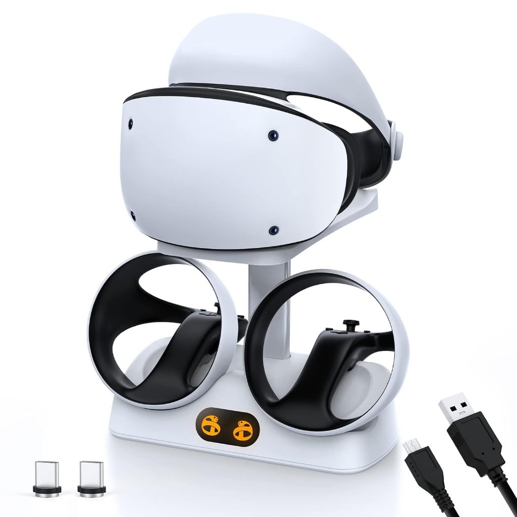 DOBE แท่นชาร์จ พร้อมหัวดูดแม่เหล็กสําหรับ PS VR2, สถานีชาร์จเร็วคู่พร้อมไฟ LED, ขาตั้งจอแสดงผลหูฟังและขาตั้งควบคุม, ขั้วต่อแม่เหล็ก
