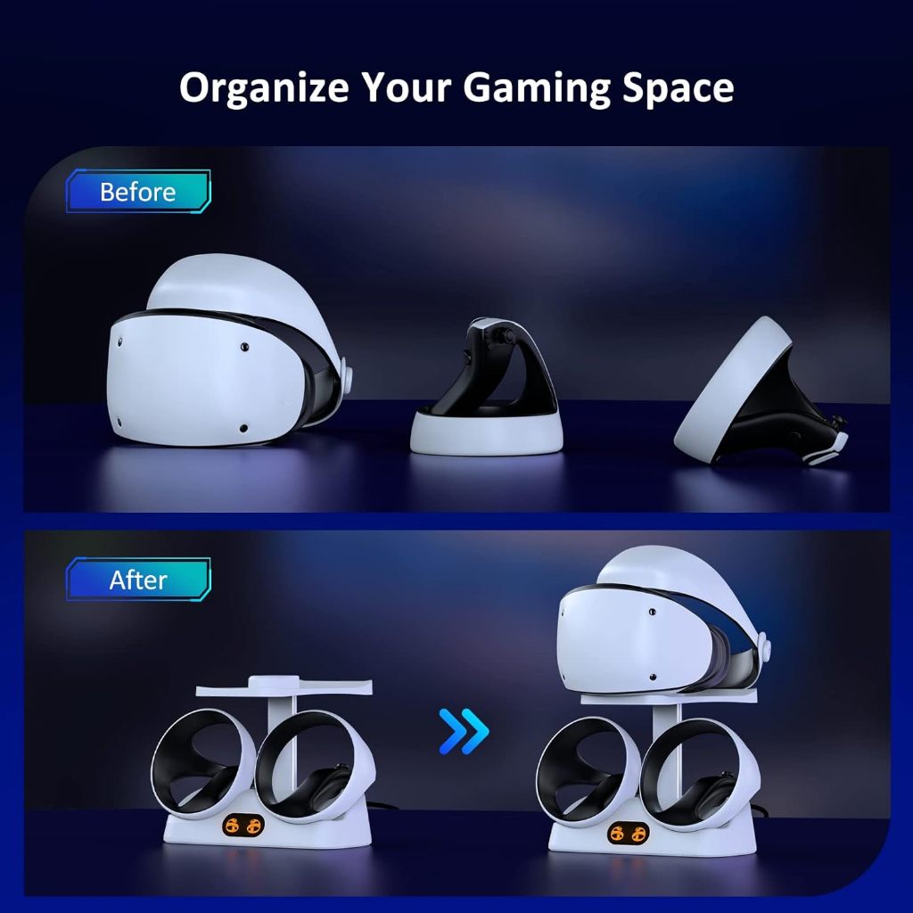 DOBE แท่นชาร์จ พร้อมหัวดูดแม่เหล็กสําหรับ PS VR2, สถานีชาร์จเร็วคู่พร้อมไฟ LED, ขาตั้งจอแสดงผลหูฟังและขาตั้งควบคุม, ขั้วต่อแม่เหล็ก