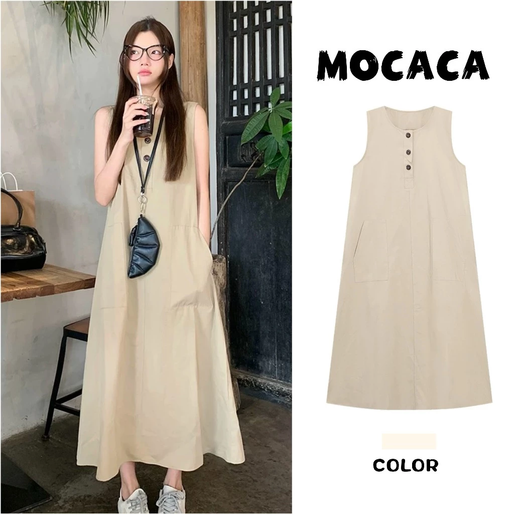 MOCACA เดรสเกาหลี เดรสยาว กระดุมใช้งานได้จริง ผ้ายืด เดรสยาว ใส่สบาย