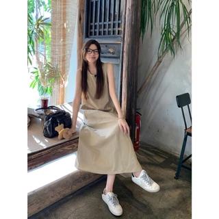 MOCACA เดรสเกาหลี เดรสยาว กระดุมใช้งานได้จริง ผ้ายืด เดรสยาว ใส่สบาย