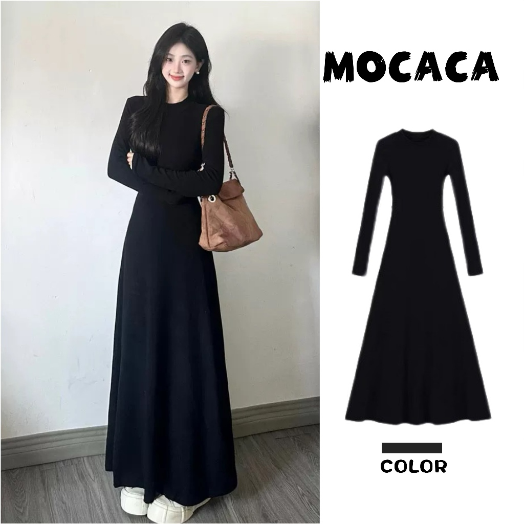 MOCACA ผู้หญิงกระโปรงยาวสีดํา Hepburn สไตล์เกาหลีรุ่นเซ็กซี่สีดํา Retro แฟชั่นชุ
