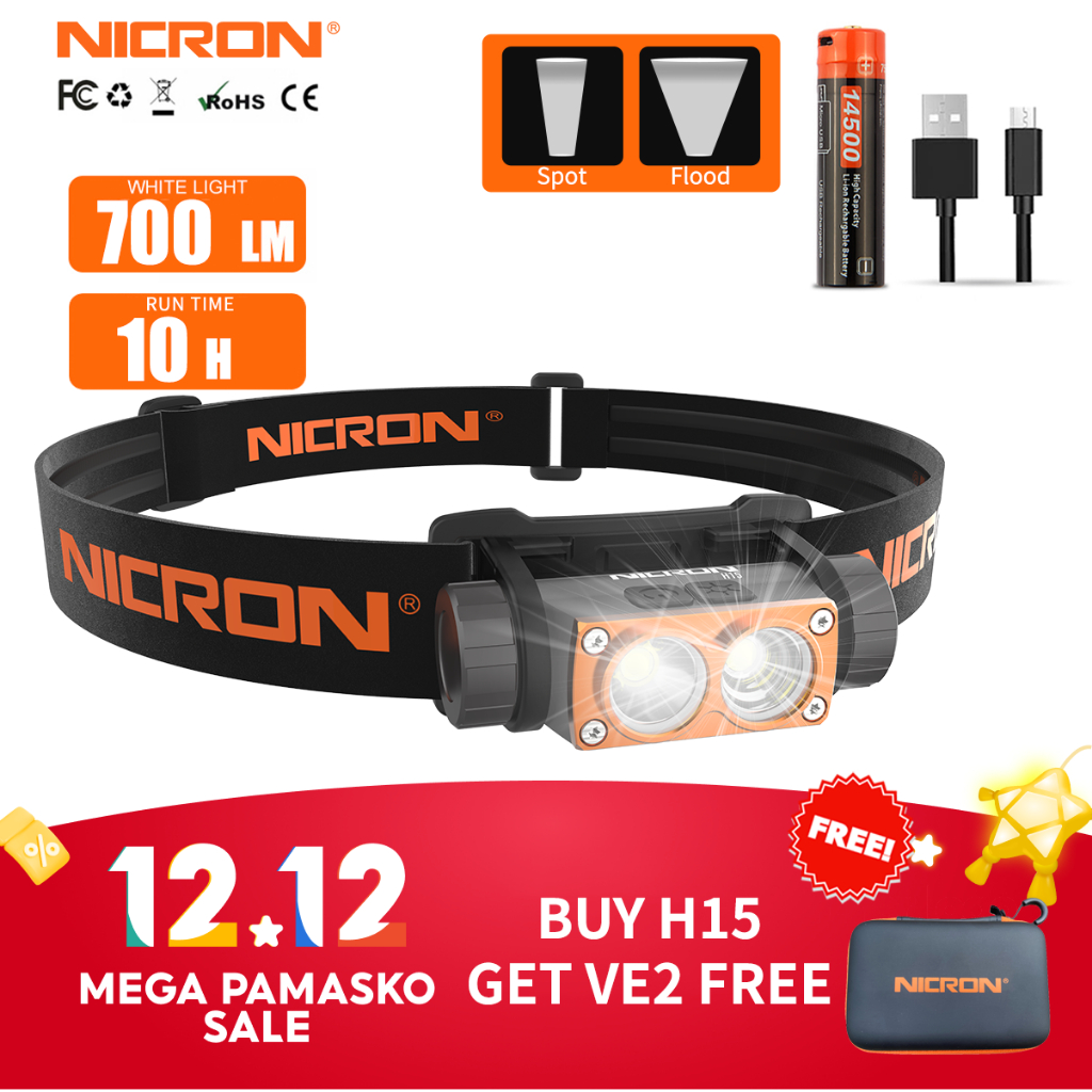 Nicron H15 ไฟฉายคาดศีรษะ 700lm สปอตฟลัด สองสวิช LED ไฟฉายคาดศีรษะ แบบพกพา 14500 ชาร์จไฟได้