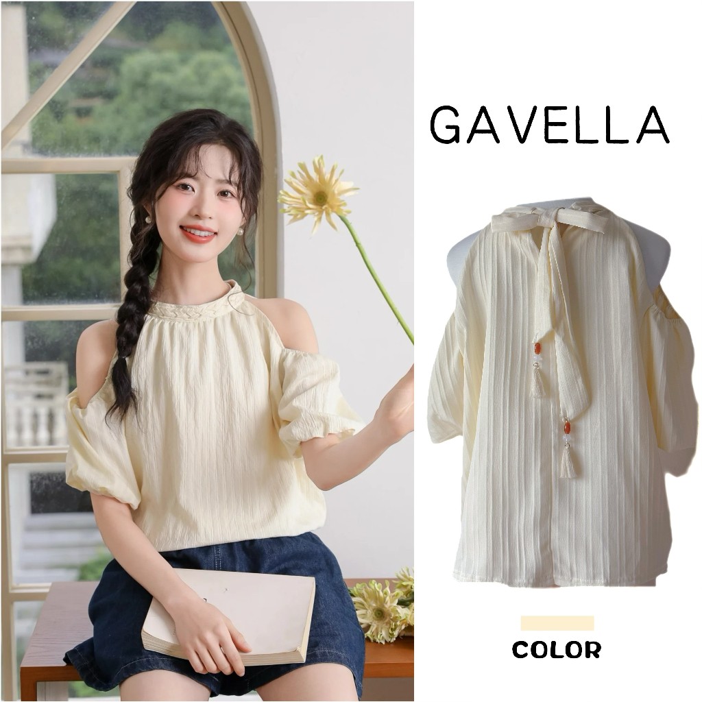 GAVELLA เสื้อเบลาส์ผู้หญิง เสื้อครอปสายเดี่ยว เสื้อครอปเปิดไหล่ สไตล์แฟชั่นหลากหลาย ใส่ได้ทุกโอกาส ผ้าลายริ้ว แขนพอง คัทเอาท์