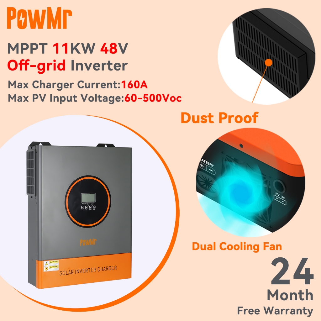 Powmr 11KW 48V ชุดป้องกันฝุ่นไฮบริดอินเวอร์เตอร์ 60-500Vdc Pv อินพุต Bulit ใน 160A MPPT Controller เ