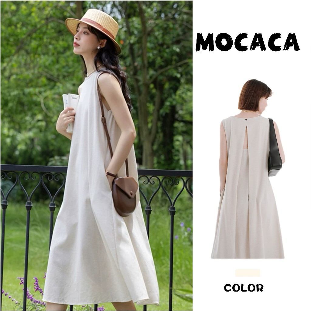 MOCACA ชุดเดรสยาว เดรสคอกลม ผ้าใส่สบาย เดรสแขนกุด เดรสไปทะเล เดรสทรงหลวม เดรสผู้หญิง สไตล์ลําลอง