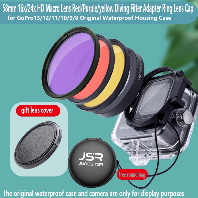 58 มม.16x/24x HD เลนส์มาโครสีแดง/สีม่วง/สีเหลืองดําน้ํากรองอะแดปเตอร์แหวนเลนส์สําหรับ GoPro13/12/11/10/9/8 Original กันน้ํากรณี