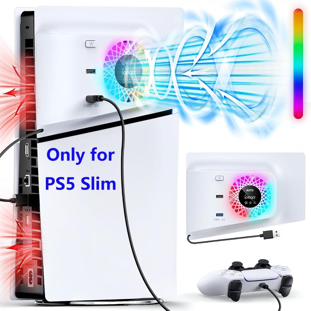 RGB พัดลมระบายความร้อน พร้อมแผงปิดสำหรับเครื่องเล่น PS5 Slim Digital/Disc ปรับความเร็วอัตโนมัติตามเซ็นเซอร์อุณหภูมิ, 3 ระดับความเร็วด้วยตนเอง และฮับ USB 3.0