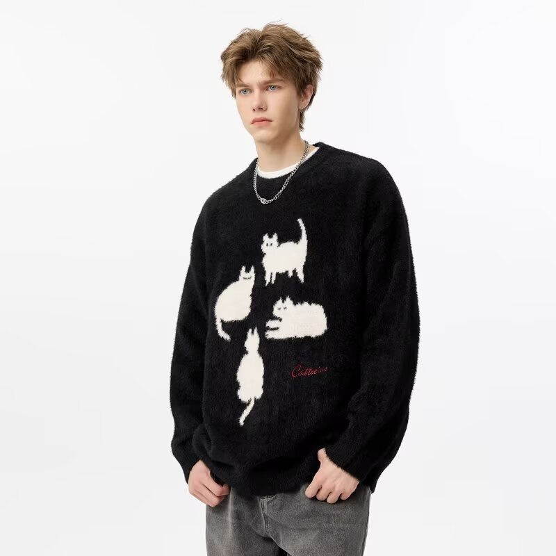 American Retro Mink Fur ลูกแมวการ์ตูนรอบคอเสื้อกันหนาวผู้ชายฤดูหนาวหลวมสบายๆขี้เกียจคู่เสื้อถัก m-3xl