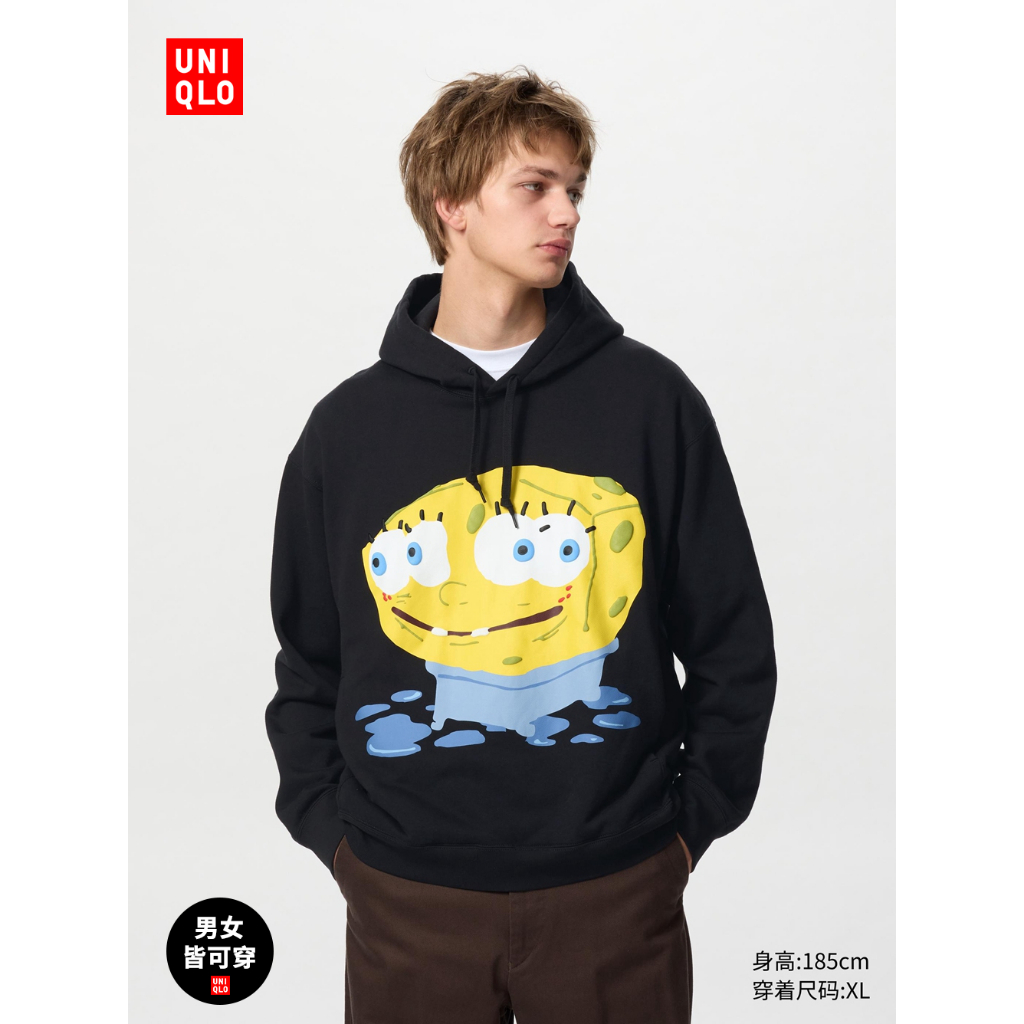 ใหม่ Uniqlo ผู้ชายและผู้หญิง SpongeBob SquarePants เสื้อกันหนาวมีฮู้ดพิมพ์ลายเสื้อยืดแขนยาว
