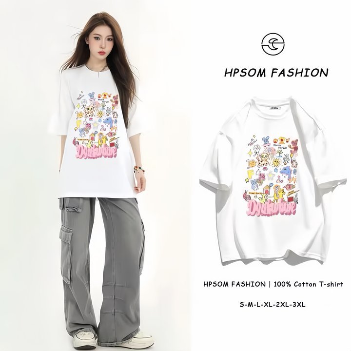 เสื้อยืดแขนสั้นผู้หญิง HPSOM กราฟฟิตีหลากสี ผ้าฝ้าย 100% เสื้อยืดโอเวอร์ไซส์ทรงหลวม