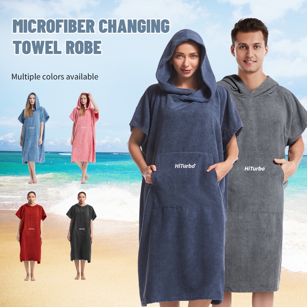Hiturbo เสื้อคลุมเปลี่ยนเซิร์ฟ โพนโช พร้อมฮู้ด และผ้าขนหนูไมโครไฟเบอร์ สําหรับเล่นเซิร์ฟ ชายหาด ว่ายน้ํา กีฬากลางแจ้ง (ขนาดเดียวเหมาะกับทุกขนาด)