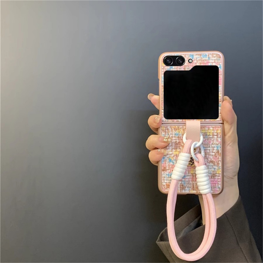 หรูหราเรียบง่ายรูปแบบทอเคสโทรศัพท์สีสันสดใสพร้อมเชือกแบบพกพาสําหรับ Samsung Galaxy Z Flip 6 Z Flip6 ZFlip 5 ZFlip 5 ฝาหลัง