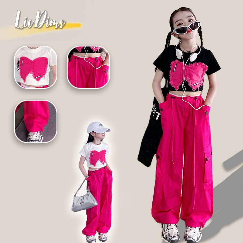 Liv Dims สาว JAZZ เต้นฮิปฮอปเสื้อผ้าอินเทรนด์ เสื้อผ้าเด็กโดปามีนเวอร์ชั่นเกาหลี โบว์แขนสั้น