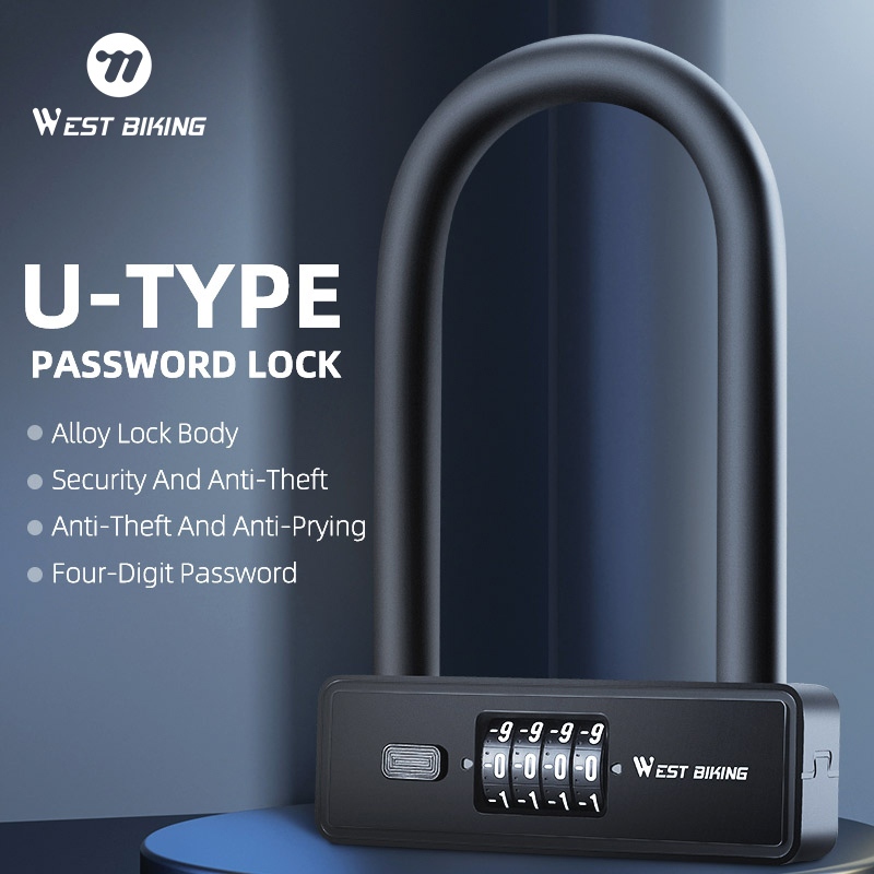 WEST BIKING อุปกรณ์ล็อคจักรยาน กันขโมย รูปตัว U 4 หลัก แบบตั้งรหัสผ่าน
