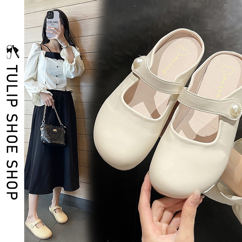 🚚จัดส่งจากไทย รองเท้าแมรี่เจนแบบเปิดส้น หนังนิ่ม พื้นนุ่ม ส้นแบน สําหรับผู้หญิง