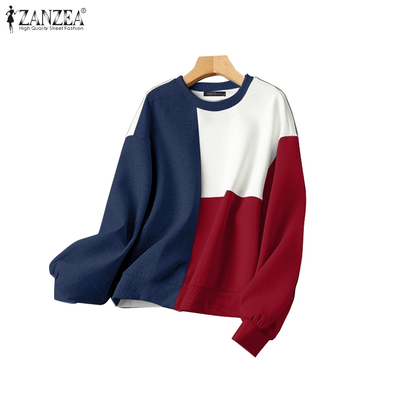 Zanzea ผู้หญิงเกาหลีลําลองคอกลมสีคมชัดไหล่เสื้อแขนยาว