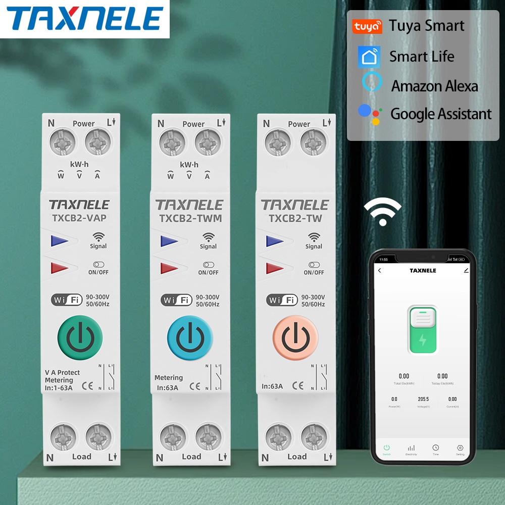 Txcb2 1P 63A TUYA WIFI สมาร์ท Circuit Breaker Power Energy Meter KWh สวิตช์ระยะไกลแรงดันไฟฟ้าป้องกัน