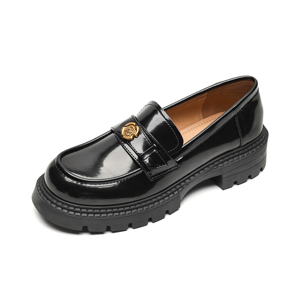 【34-43】รองเท้าโลฟเฟอร์พื้นหนาสําหรับผู้หญิงรองเท้าหนังสไตล์อังกฤษสีดํารองเท้าชั้นเดียวหยาบพื้นนิ่ม