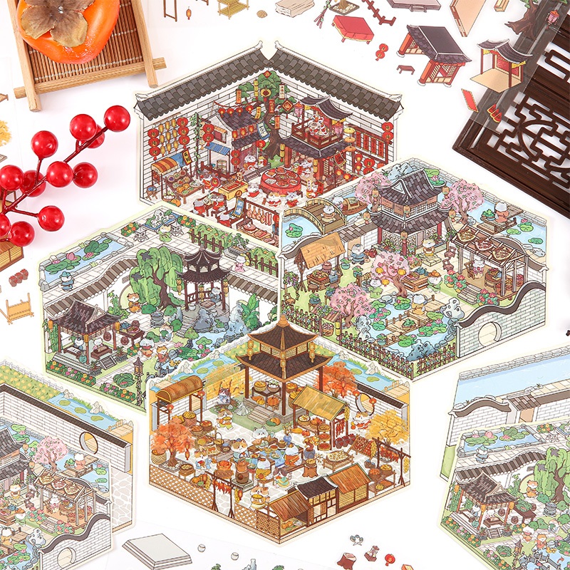 (3 ชิ้น/ แพ็คเกจ) สติ๊กเกอร์ภูมิทัศน์ปีใหม่ Immersive Decompression Landscape Puzzle สติ๊กเกอร์ทํามือ