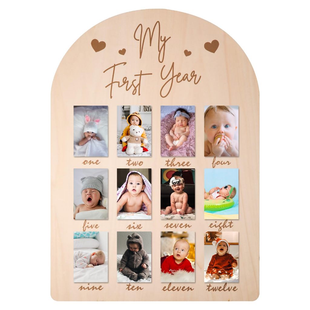 My First Year Photo Display กระดานไม้, กรอบรูป 12 เดือนทารกแรกเกิดกรอบรูปเด็กสําหรับวันเกิดเด็กเนอสเซอรี่ตกแต่ง