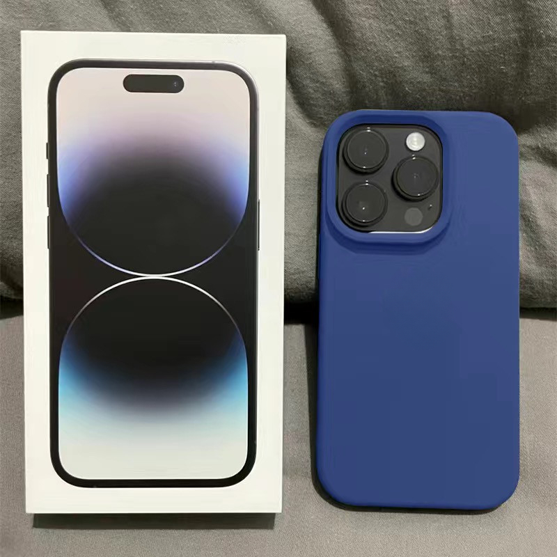 Dark Blue Liquid Soft Silicon สําหรับ iP iPhone 7 8 14 15 + Plus X XR XS Max 11 12 13 Pro Max Big Hole Casing