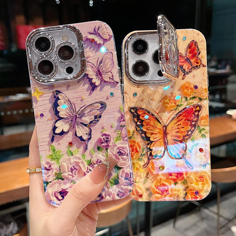 เคส พลอยเทียม ผีเสื้อสีม่วง พร้อมฟิล์มเลนส์ ปลอก ทีพียู เคส ไอโฟน เคสซีรีส์ เหมาะสําหรับ ไอโฟน 16โปรแม็กซ์ เคส 16มือโปร 15โปรแม็กซ์ 14โปรแม็กซ์ 16 15 14 13กร