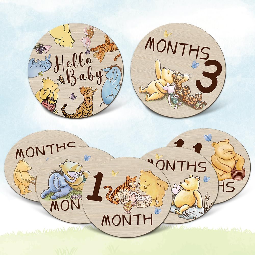 Winnie Baby รายเดือน Milestone Circles - The Pooh Bear Baby Stuff แผ่นไม้สําหรับทารกเด็กผู้หญิง, 7 ชิ้นสองด้านรอบวงกลมป้ายสําหรับทารกแรกเกิด Photo Prop